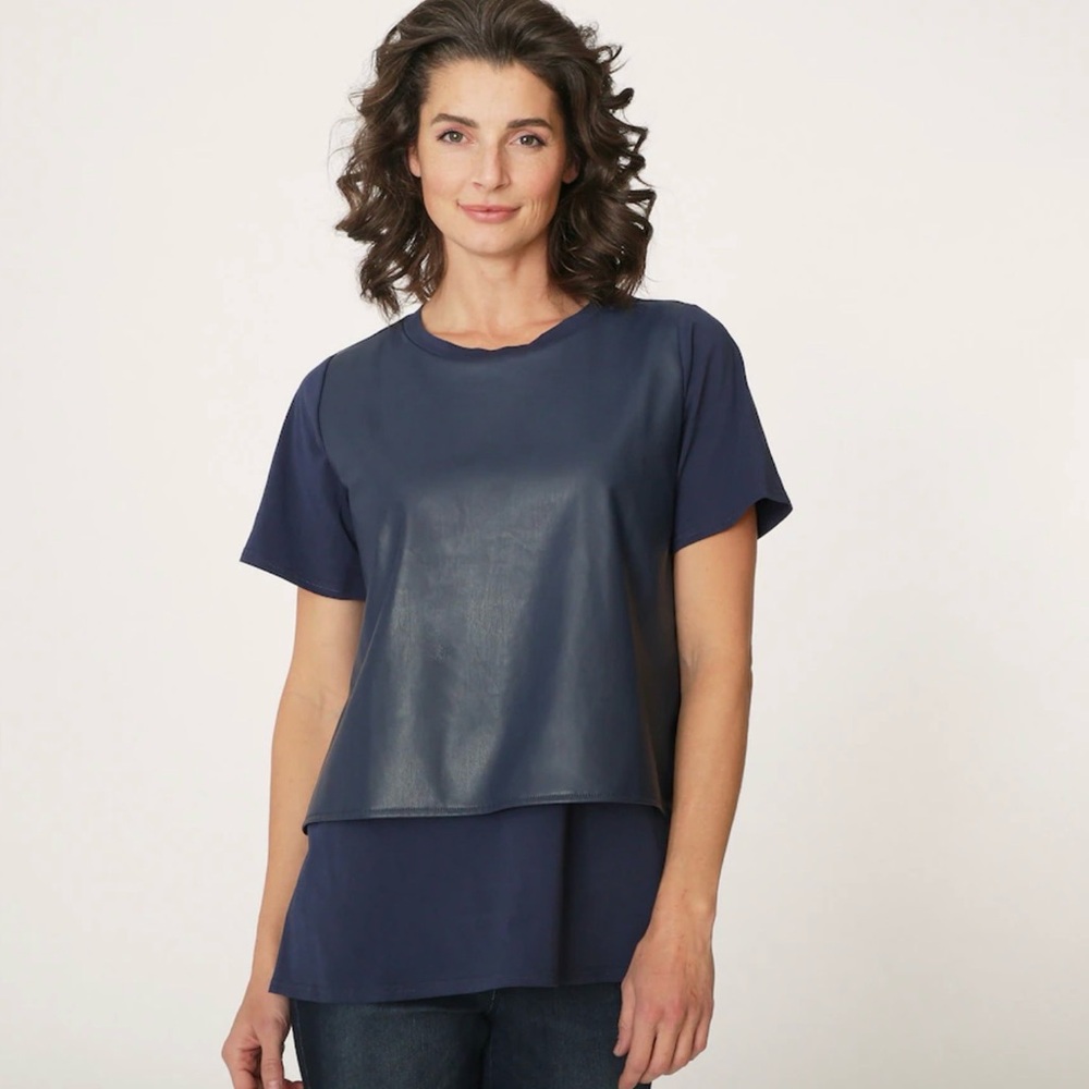NWT- DG2 Diane Gilman Faux Leather Front Top